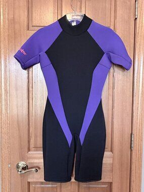 Vintage 80s Gladiator Black Purple Shorty Neoprene Wetsuit Size 10 Surfwear